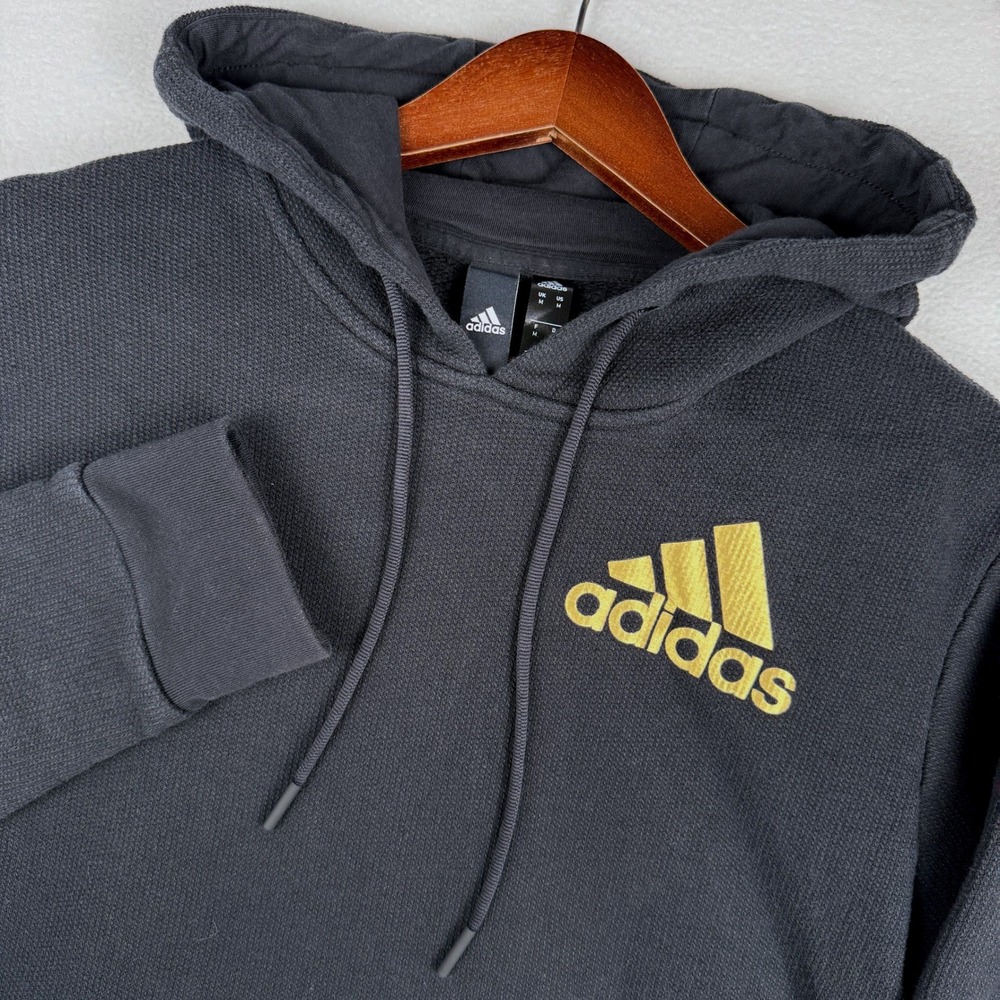 Adidas Sport ID Metallic Hoodie Mens M Black Gold Logo Waffle Knit DX7723